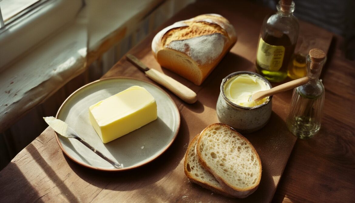 Butter auf einem Teller neben einem Becher Margarine, dazwischen eine Scheibe Brot und Olivenöl auf einem Holztisch