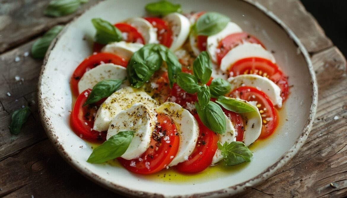 Original italienischer Caprese-Salat mit abwechselnd geschichteten Tomaten- und Mozzarellascheiben, frischem Basilikum und Olivenöl auf einem weißen Teller