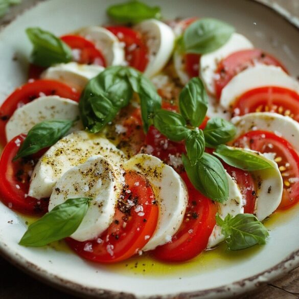 Caprese-Salat: Original italienisch in 10 Minuten Original italienischer Caprese-Salat mit abwechselnd geschichteten Tomaten- und Mozzarellascheiben, frischem Basilikum und Olivenöl auf einem weißen Teller