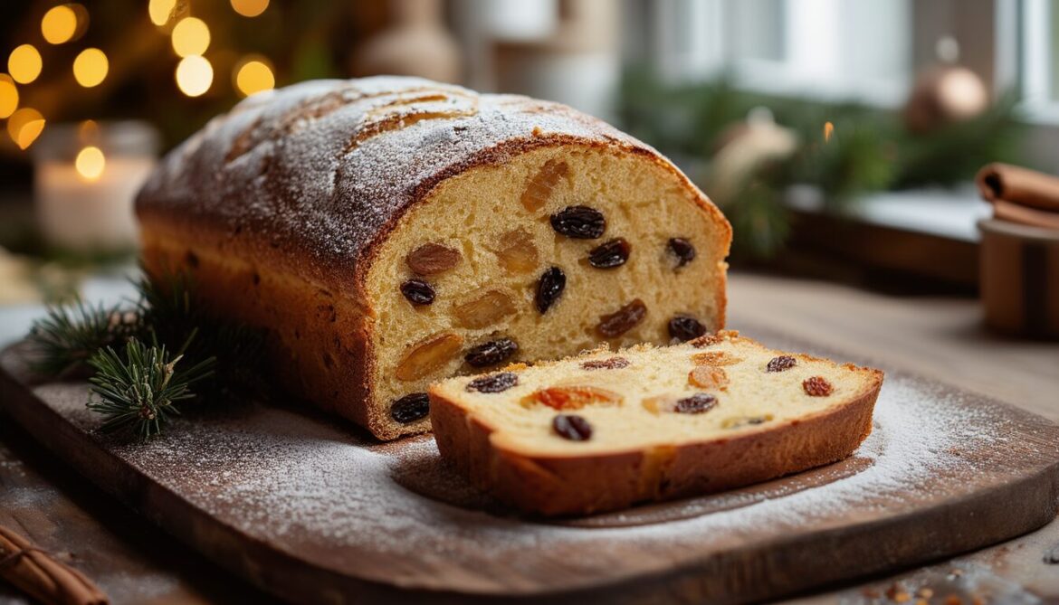 Frisch gebackener Christstollen mit dick bestäubtem Puderzucker, angeschnitten mit saftiger Krume voller Rosinen und Marzipan auf einem Holzbrett