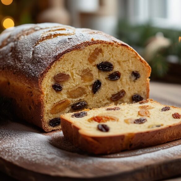 Frisch gebackener Christstollen mit dick bestäubtem Puderzucker, angeschnitten mit saftiger Krume voller Rosinen und Marzipan auf einem Holzbrett