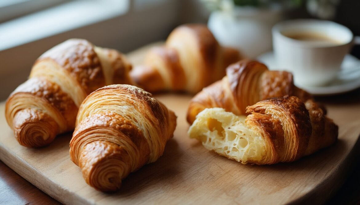 Frisch gebackene, goldbraune Croissants mit sichtbaren Butterschichten auf einem Holzbrett beim Wochenendfrühstück