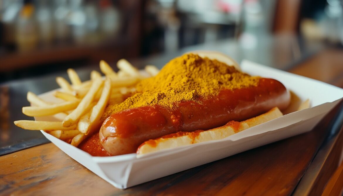 Currywurst mit selbst gemachter Currywurst-Soße und Currypulver, dazu Pommes auf einer Pappschale