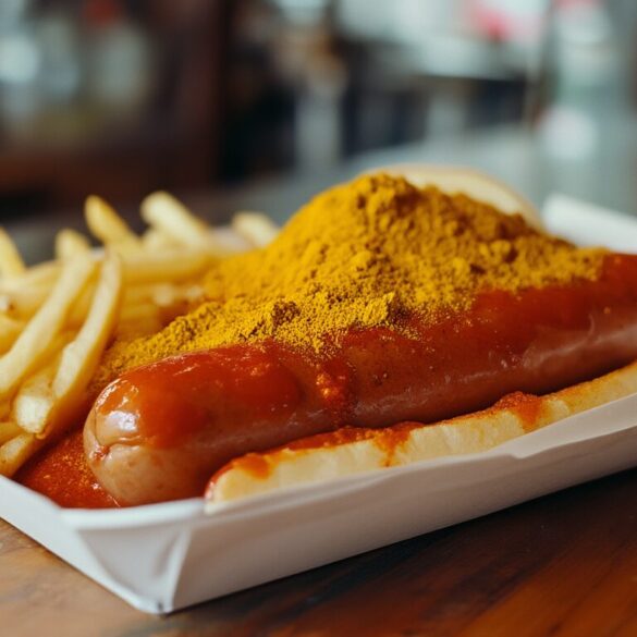 Currywurst mit selbst gemachter Currywurst-Soße und Currypulver, dazu Pommes auf einer Pappschale