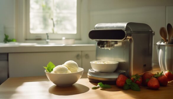 Moderne Eismaschine auf der Küchenarbeitsplatte neben einer Schale frisch gerührtem Eis mit Erdbeeren