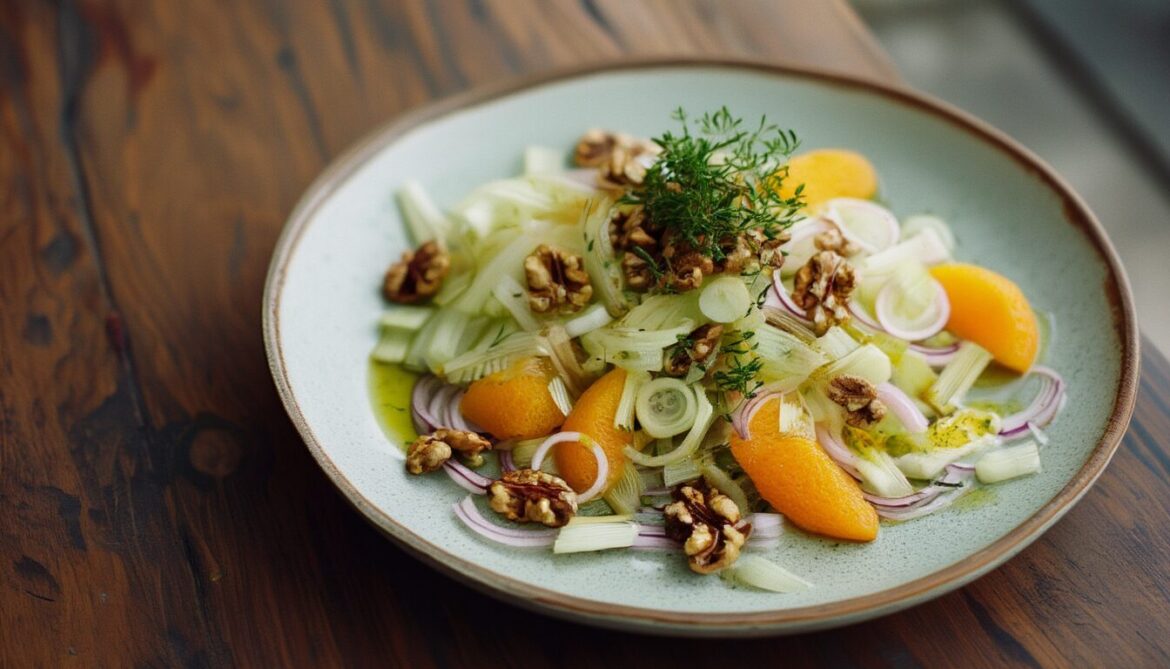 Fenchelsalat mit Orangenfilets, Walnüssen und Zwiebelringen auf einem Teller