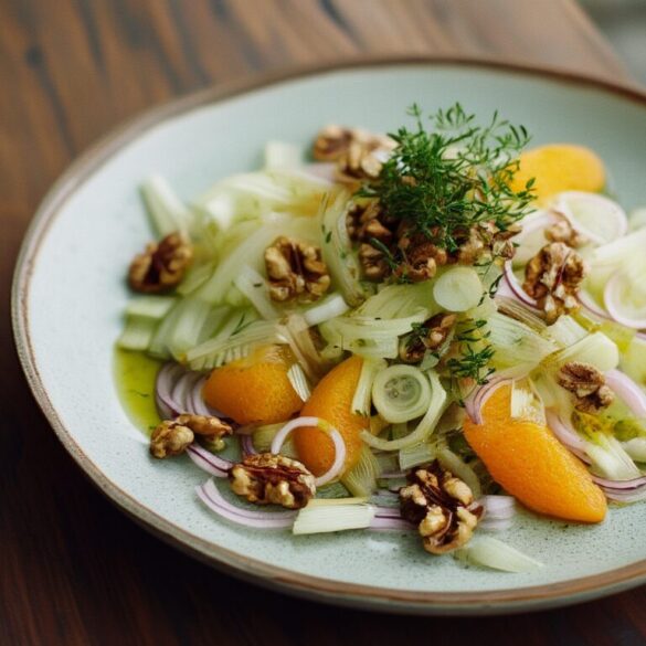 Fenchelsalat mit Orangenfilets, Walnüssen und Zwiebelringen auf einem Teller