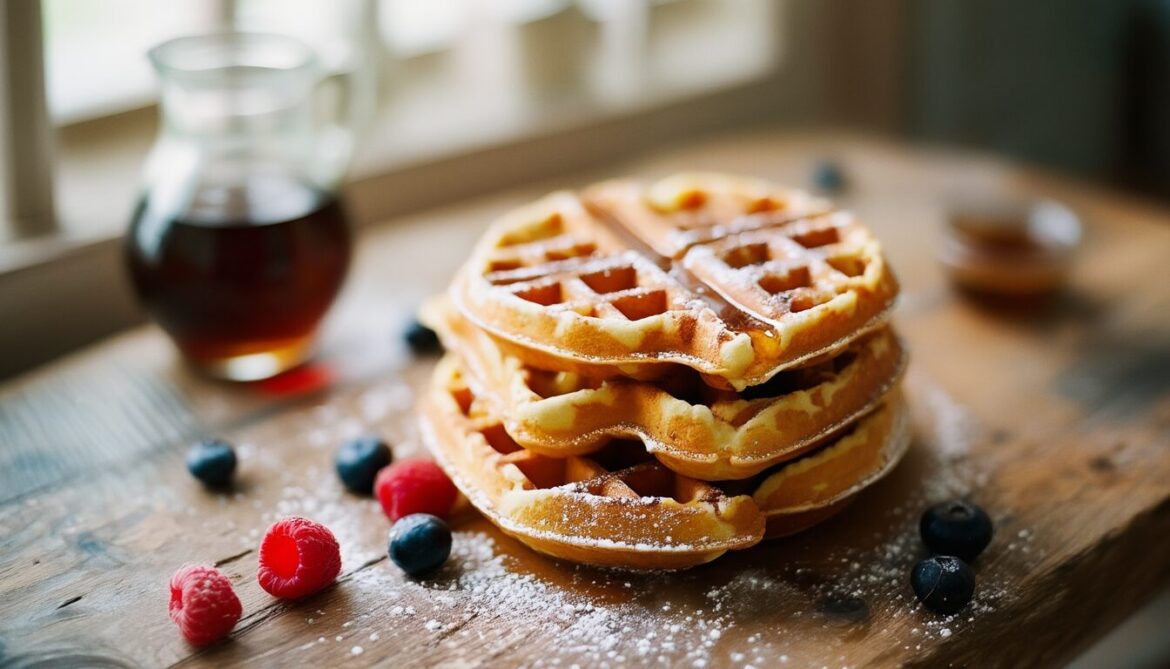Stapel frisch gebackener fluffiger Herzwaffeln mit Puderzucker und frischen Beeren auf einem Holztisch