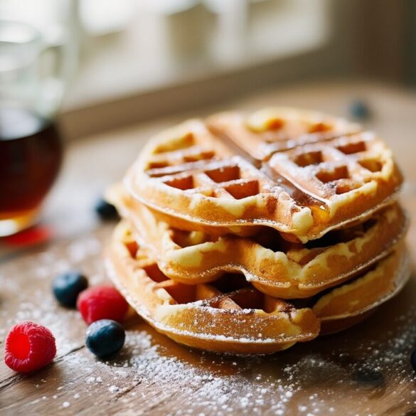 Stapel frisch gebackener fluffiger Herzwaffeln mit Puderzucker und frischen Beeren auf einem Holztisch