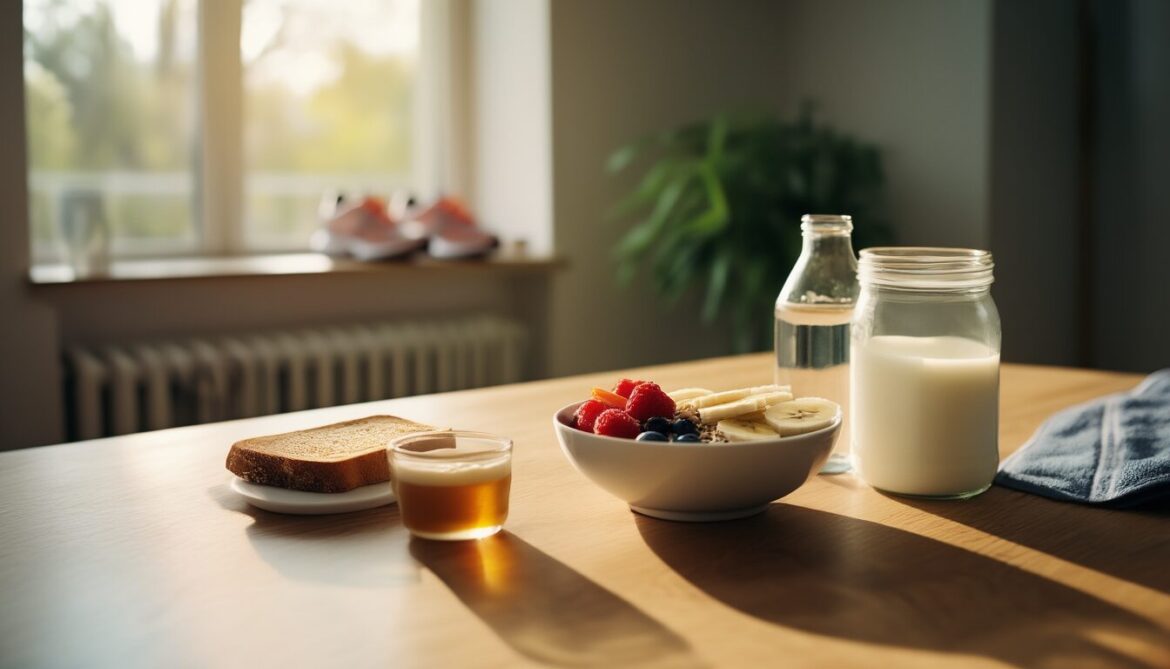 Gesundes Frühstück vor dem Sport: Haferflocken mit Banane und Beeren, Naturjoghurt, Vollkorntoast mit Honig und ein Glas Wasser auf einem Holztisch.