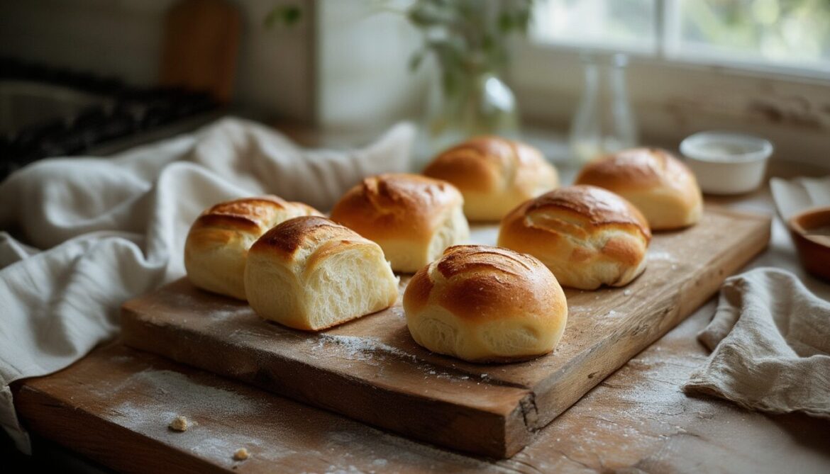Frisch gebackene, goldbraune Frühstücksbrötchen mit knuspriger Kruste auf einem Holzbrett, eines aufgebrochen mit lockerer Krume.