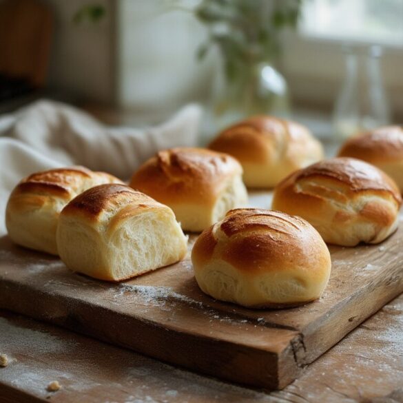 Frisch gebackene, goldbraune Frühstücksbrötchen mit knuspriger Kruste auf einem Holzbrett, eines aufgebrochen mit lockerer Krume.