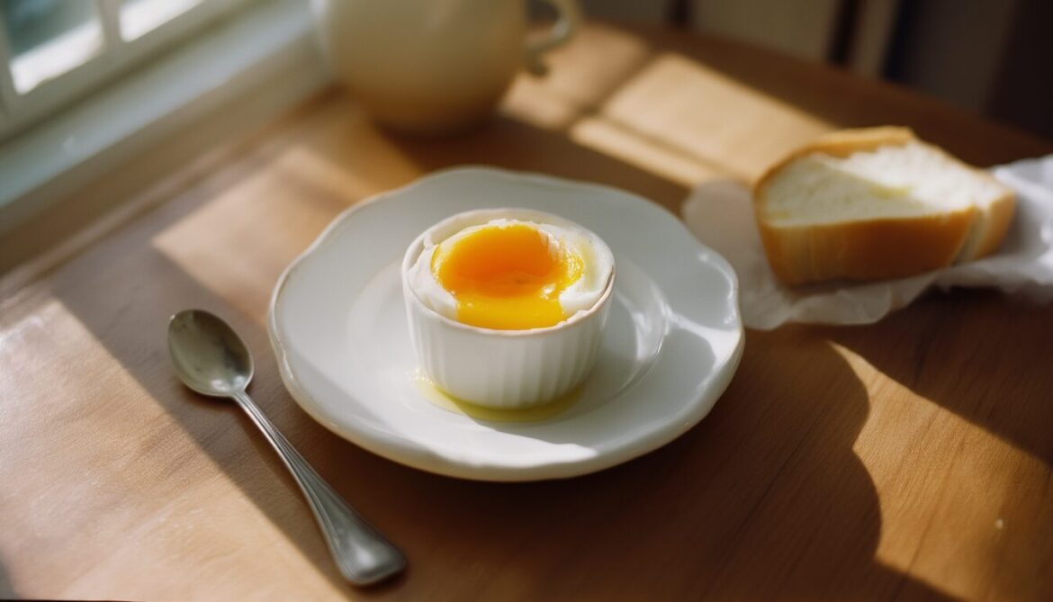 Weiches Frühstücksei im Eierbecher mit flüssigem Eigelb und Löffel auf einem Holztisch im Morgenlicht