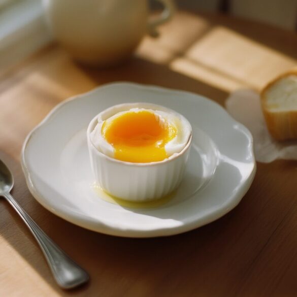 Weiches Frühstücksei im Eierbecher mit flüssigem Eigelb und Löffel auf einem Holztisch im Morgenlicht