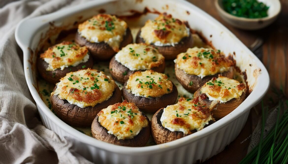 Vegetarisch gefüllte Champignons mit Feta und geschmolzener Käsekruste frisch aus dem Ofen in einer weißen Auflaufform