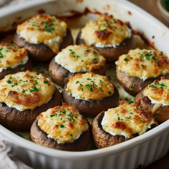 Vegetarisch gefüllte Champignons mit Feta und geschmolzener Käsekruste frisch aus dem Ofen in einer weißen Auflaufform