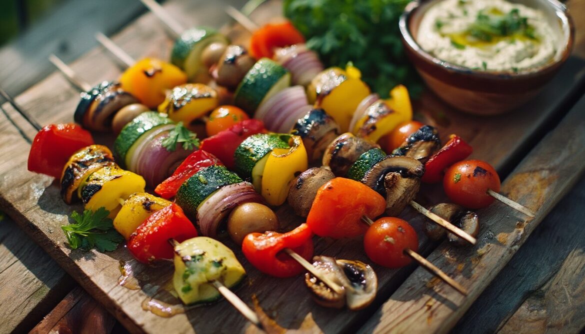 Bunte gegrillte Gemüse-Schaschlik-Spieße mit Paprika, Zucchini, Champignons und roten Zwiebeln auf einem Holzbrett