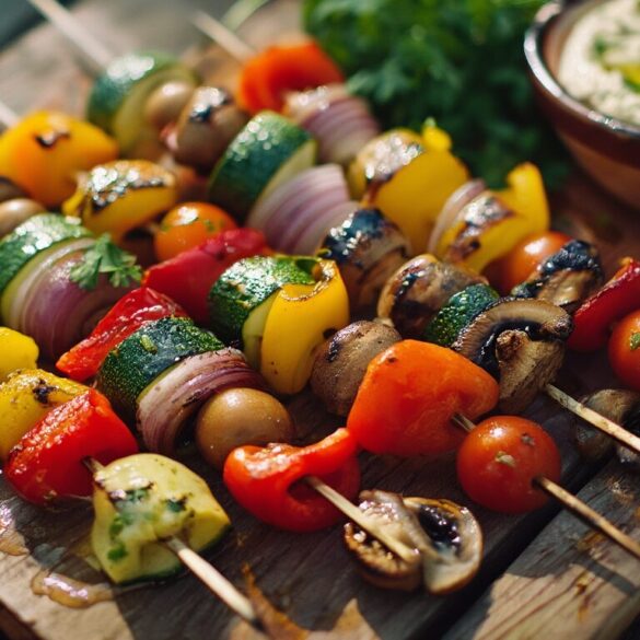 Gemüse-Schaschlik: bunte Grillspieße vom Grill & aus dem Ofen Bunte gegrillte Gemüse-Schaschlik-Spieße mit Paprika, Zucchini, Champignons und roten Zwiebeln auf einem Holzbrett