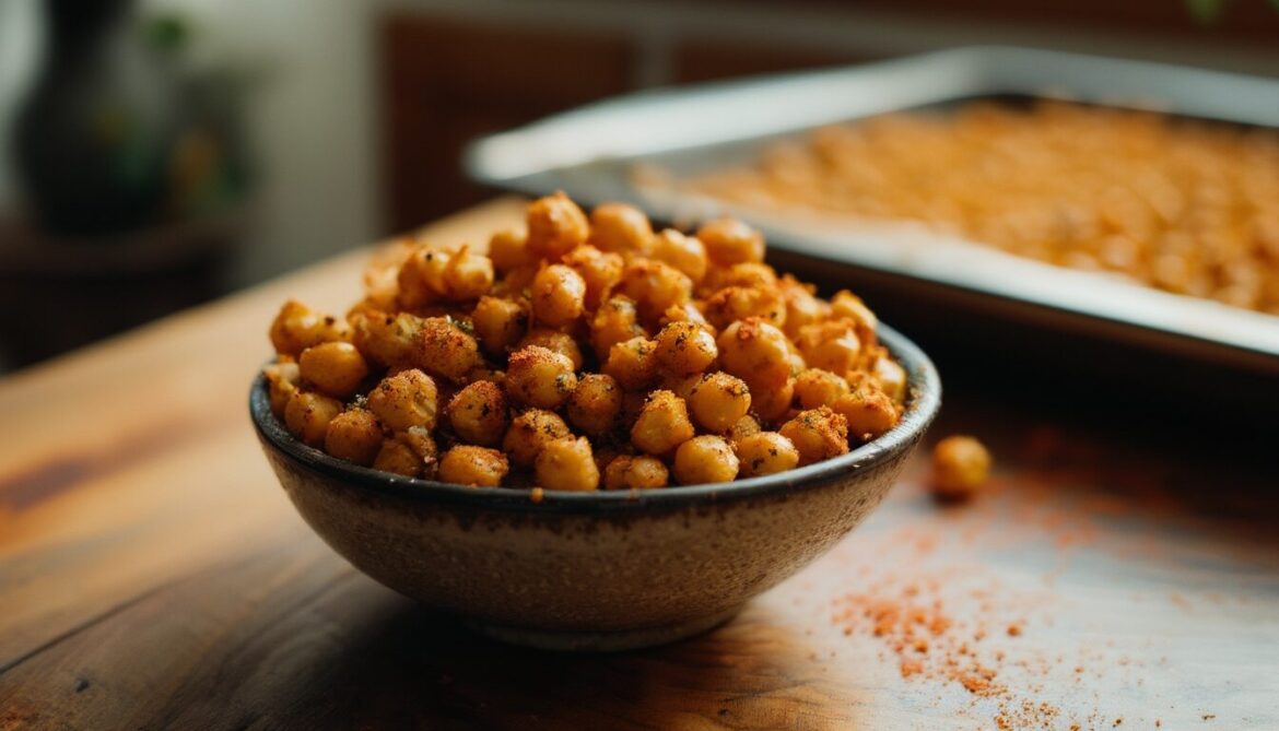 Knusprig geröstete Kichererbsen mit Paprika in einer kleinen Schale, im Hintergrund ein Backblech