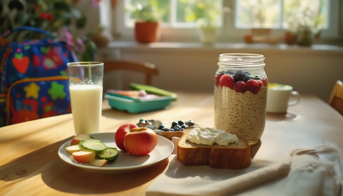 Gesundes Kinderfrühstück am Schulmorgen: Overnight Oats mit Beeren, Vollkornbrot mit Gurke, Joghurt mit Obst und ein Glas Milch
