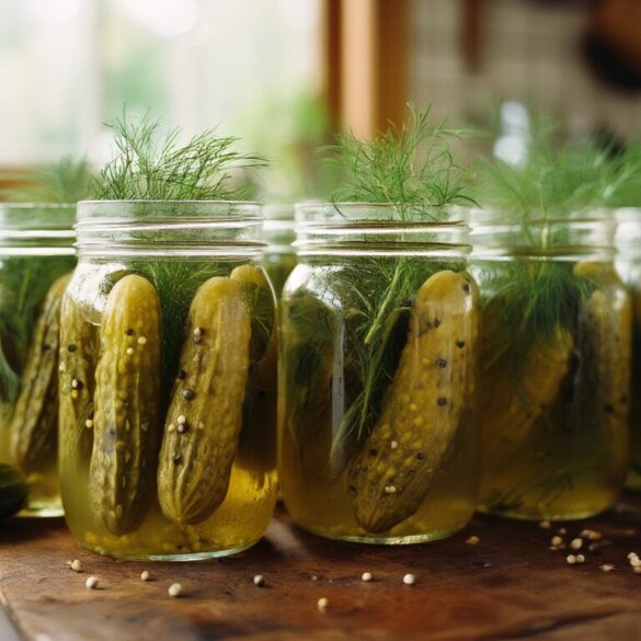 Selbst eingelegte Gewürzgurken in Einmachgläsern mit Dill, Senfkörnern und Zwiebelringen auf einem Holztisch