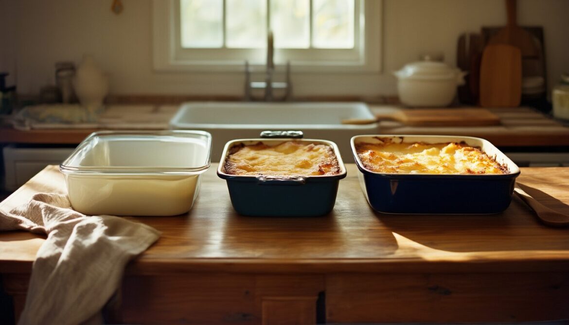 Drei Auflaufformen aus Glas, Keramik und emailliertem Gusseisen nebeneinander auf einem Holztisch, eine gefüllt mit goldbraun überbackenem Kartoffelgratin
