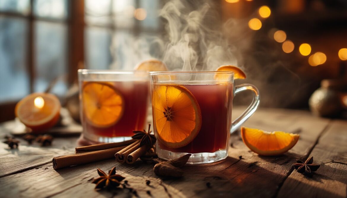 Zwei Gläser dampfender selbstgemachter Glühwein mit Orangenscheiben, Zimtstangen und Sternanis auf einem Holztisch