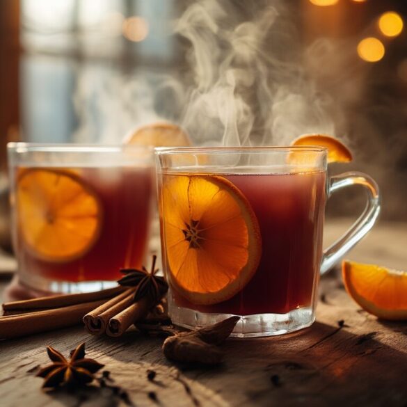 Zwei Gläser dampfender selbstgemachter Glühwein mit Orangenscheiben, Zimtstangen und Sternanis auf einem Holztisch