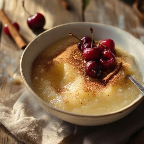 Grießbrei selber machen: cremig & warm in 15 Minuten Schüssel cremiger Grießbrei mit Zimt-Zucker und warmen Kirschen als warmes Frühstück