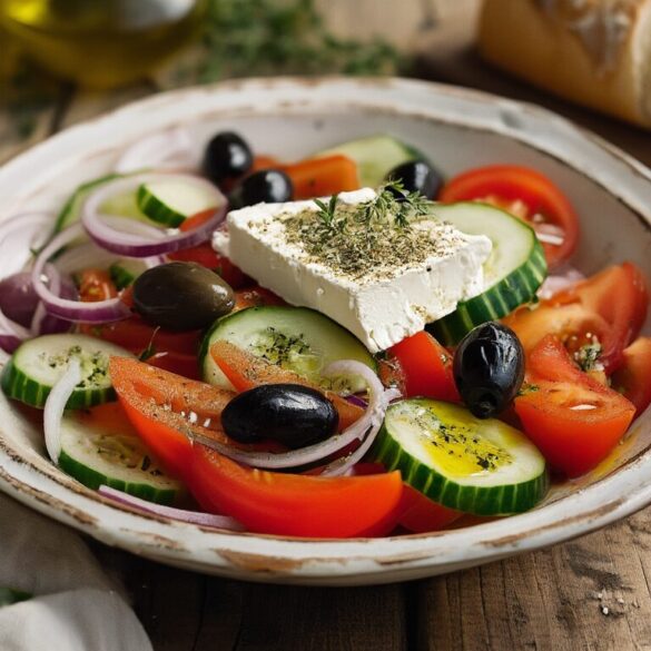 Griechischer Bauernsalat (Choriatiki) – das Original in 15 Minuten Griechischer Bauernsalat Choriatiki in weißer Schale mit Tomaten, Gurke, Paprika, Zwiebeln, Kalamata-Oliven und einer Feta-Platte mit Oregano