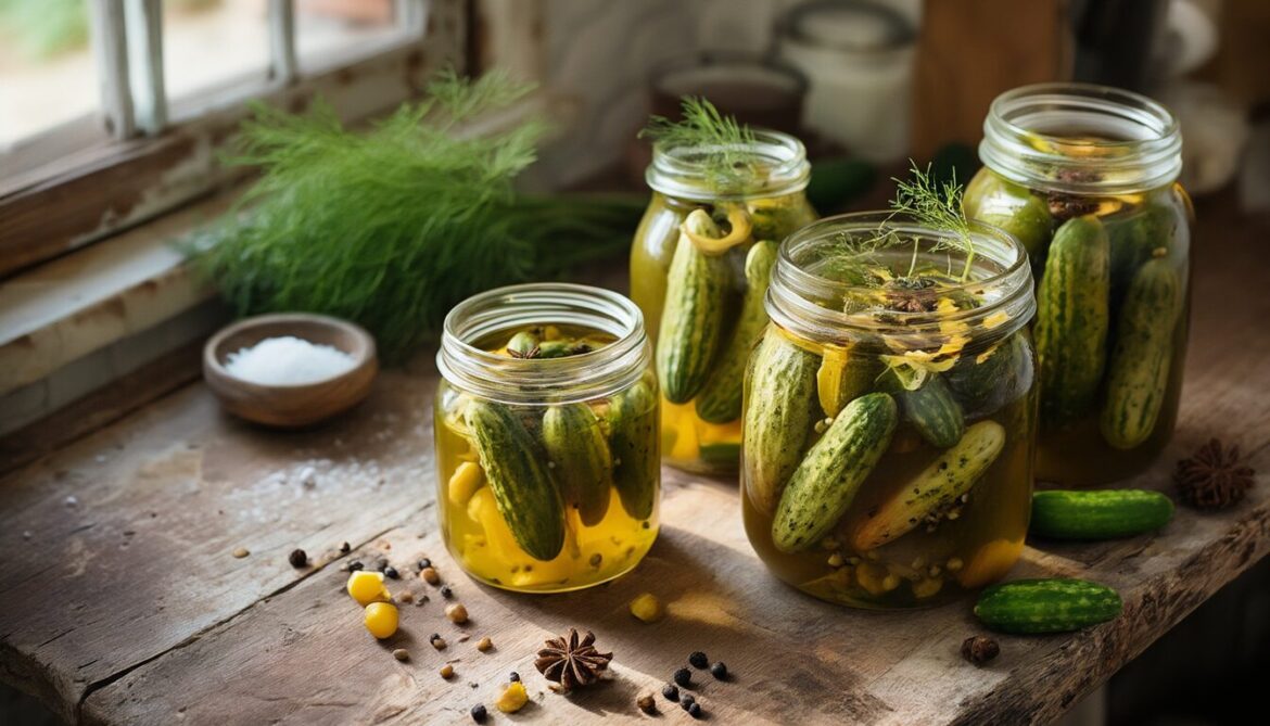 Frisch gefüllte Einmachgläser mit selbst eingelegten Gewürzgurken, Dill, Senfkörnern und Zwiebelringen auf einem Eichentisch