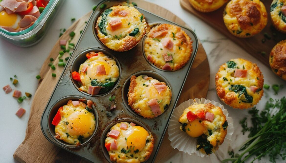 Herzhafte Frühstücksmuffins mit Ei, Paprika, Spinat und Käse auf einem Holzbrett neben einer Meal-Prep-Dose