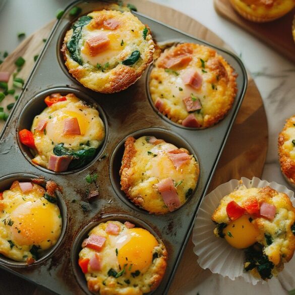 Herzhafte Frühstücksmuffins mit Ei, Paprika, Spinat und Käse auf einem Holzbrett neben einer Meal-Prep-Dose