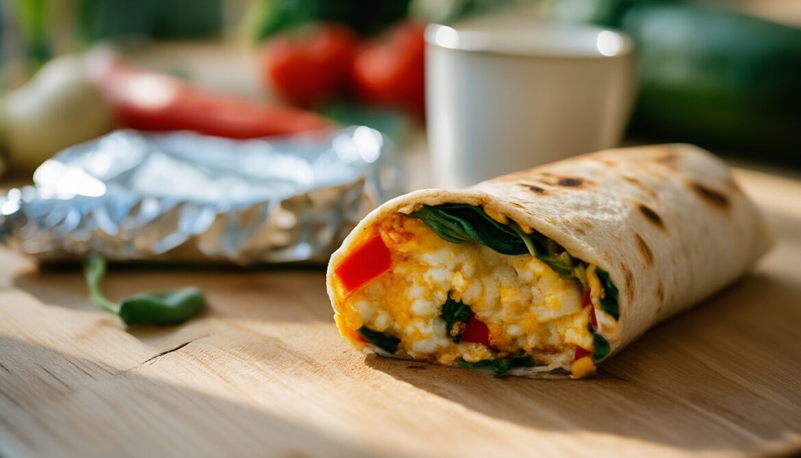 Aufgeschnittener herzhafter Frühstückswrap mit Rührei, Paprika und Spinat, eine Hälfte in Alufolie für unterwegs