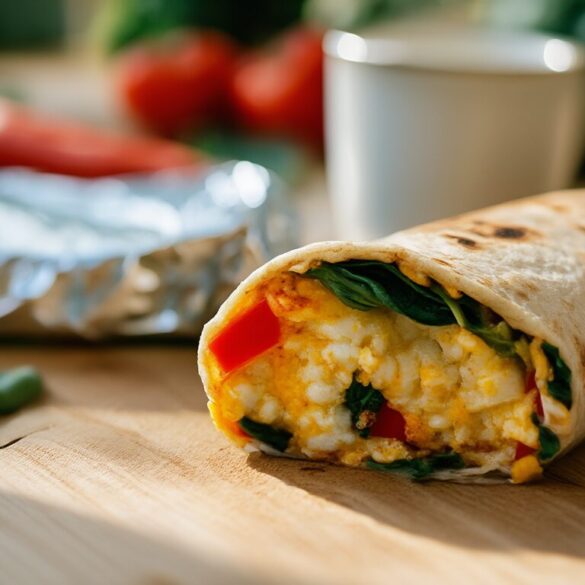 Aufgeschnittener herzhafter Frühstückswrap mit Rührei, Paprika und Spinat, eine Hälfte in Alufolie für unterwegs