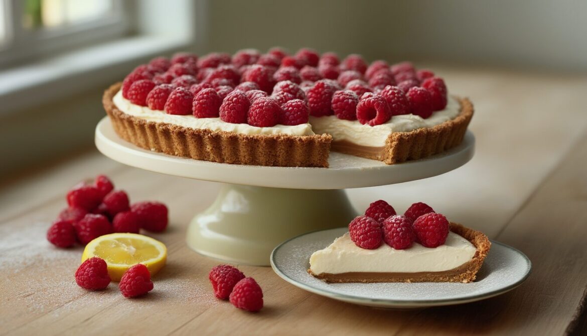 Angeschnittene Himbeer-Mascarpone-Torte mit Keksboden auf einer Tortenplatte, ein Stück zeigt die schnittfeste Cremeschicht