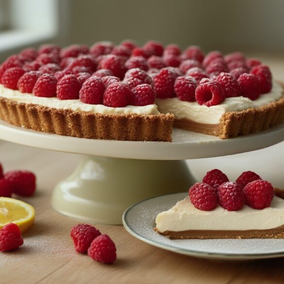 Angeschnittene Himbeer-Mascarpone-Torte mit Keksboden auf einer Tortenplatte, ein Stück zeigt die schnittfeste Cremeschicht