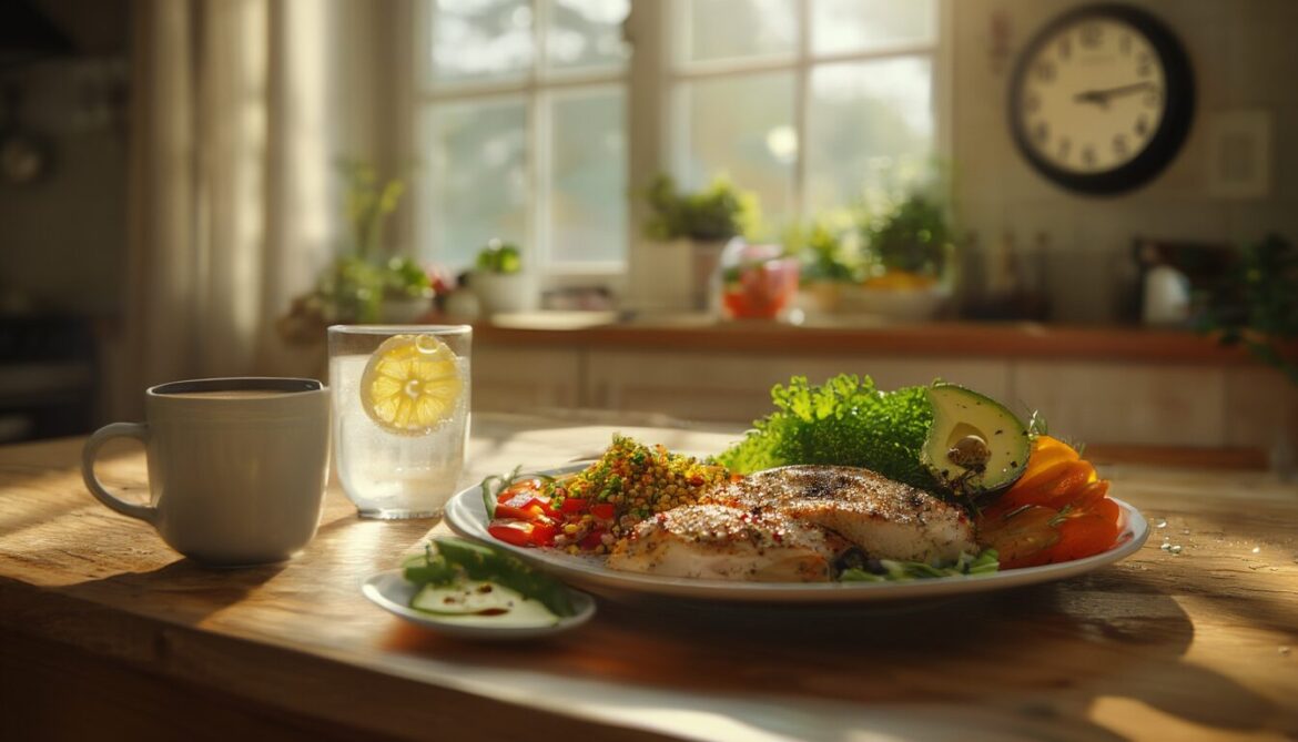 Ausgewogene Mahlzeit mit Hähnchen, Gemüse, Vollkorn und Avocado auf einem Küchentisch neben Wasser und schwarzem Kaffee, im Hintergrund eine Uhr.