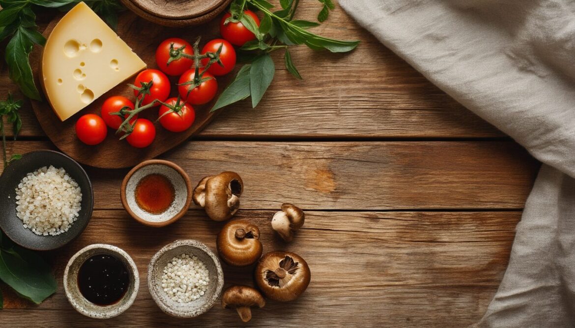 Natürliche Umami-Lebensmittel wie Parmesan, Tomaten, Shiitake-Pilze und Sojasauce neben einer Schale Glutamat auf einem Holztisch