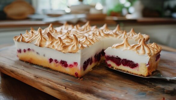 Johannisbeerkuchen mit goldbrauner Baiserhaube auf dem Blech, ein Stück angeschnitten mit saftiger Beerenschicht