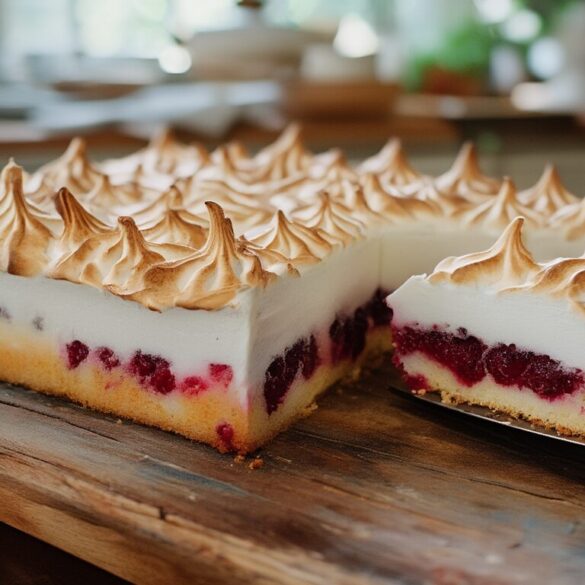 Johannisbeerkuchen mit goldbrauner Baiserhaube auf dem Blech, ein Stück angeschnitten mit saftiger Beerenschicht