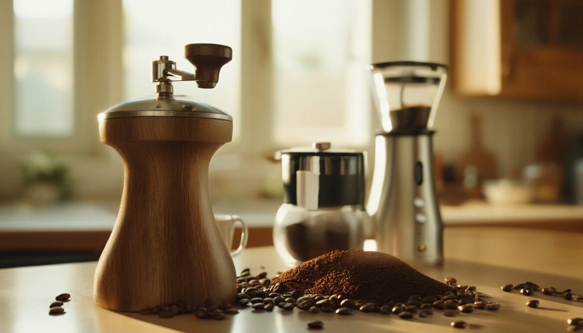 Handkaffeemühle und elektrische Kaffeemühle nebeneinander auf einer Küchenarbeitsplatte mit frisch gemahlenem Kaffee und ganzen Bohnen