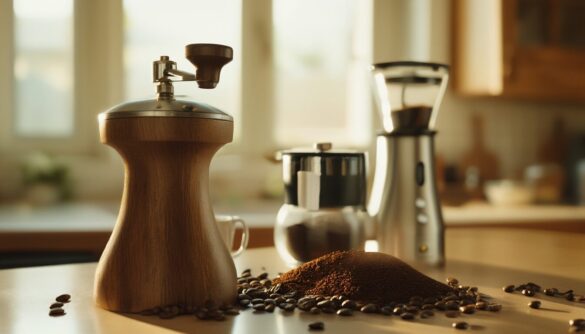 Handkaffeemühle und elektrische Kaffeemühle nebeneinander auf einer Küchenarbeitsplatte mit frisch gemahlenem Kaffee und ganzen Bohnen