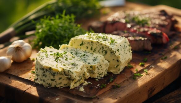 Selbst gemachte Kräuterbutter als Rolle in Scheiben geschnitten auf einem Holzbrett, daneben frische Kräuter
