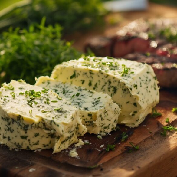 Kräuterbutter selber machen: die perfekte Grillbeilage Selbst gemachte Kräuterbutter als Rolle in Scheiben geschnitten auf einem Holzbrett, daneben frische Kräuter