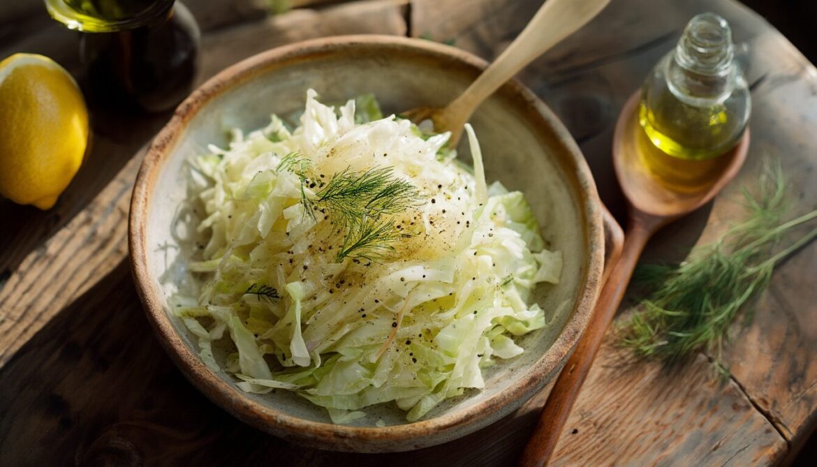 Rustikale Schüssel mit fein gehobeltem, cremigem Krautsalat wie beim Griechen, bestreut mit frischem Dill und Pfeffer auf einem dunklen Holztisch