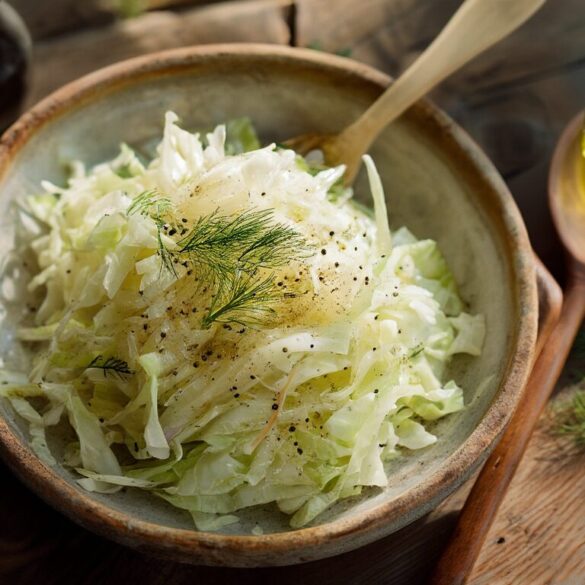 Rustikale Schüssel mit fein gehobeltem, cremigem Krautsalat wie beim Griechen, bestreut mit frischem Dill und Pfeffer auf einem dunklen Holztisch