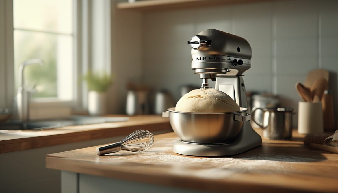 Silberne Küchenmaschine mit Knethaken und Teig in der Schüssel auf einer hellen Küchenarbeitsplatte