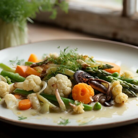 Original Leipziger Allerlei mit Flusskrebsen, Morcheln, jungem Gemüse und Grießklößchen in heller Buttersauce auf weißem Teller