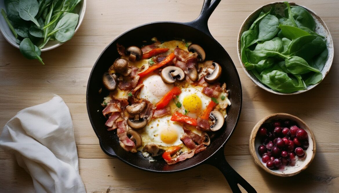 Herzhafte Low-Carb-Frühstückspfanne mit Ei, Champignons, Paprika und Käse in einer Gusseisenpfanne